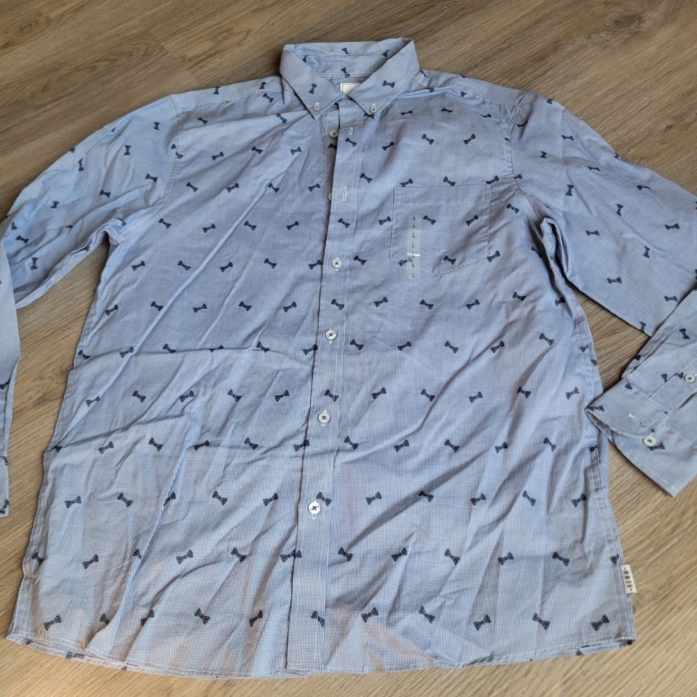 ROWM Mens Button Down Shirt L Blue Micro Houndstooth Bow Tie Print Casual